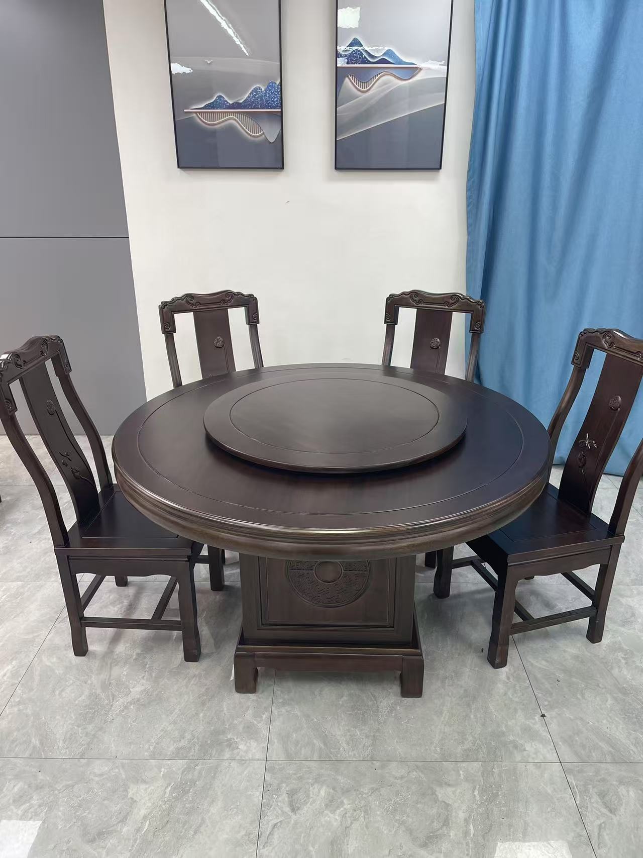 全实木黑檀木餐桌家用古典餐厅圆形吃饭桌简约新中式饭桌榫卯餐桌