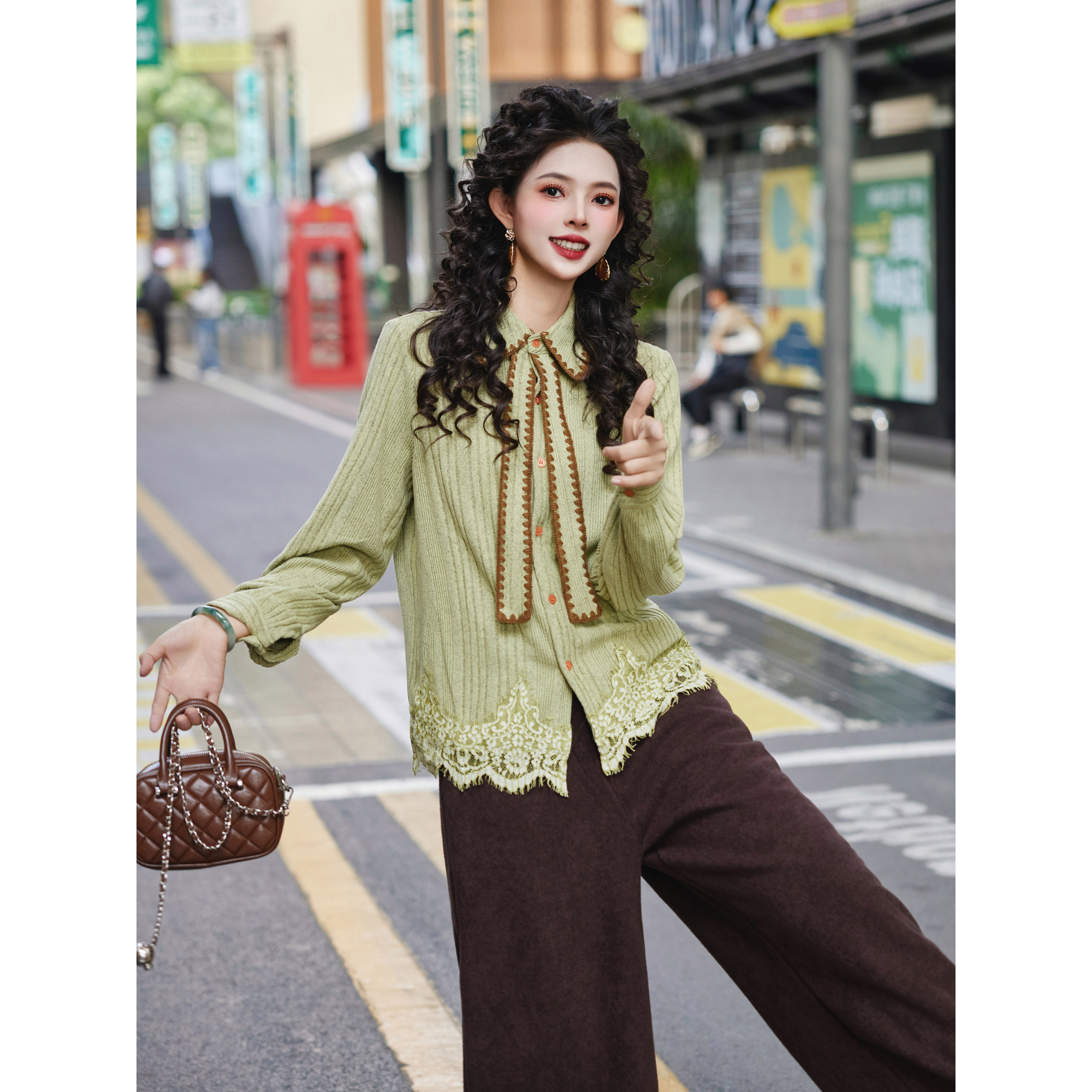 扣子家【​​蒸汽绿洲】复古港风毛织百搭休闲宽松衬衫上衣KP1665430