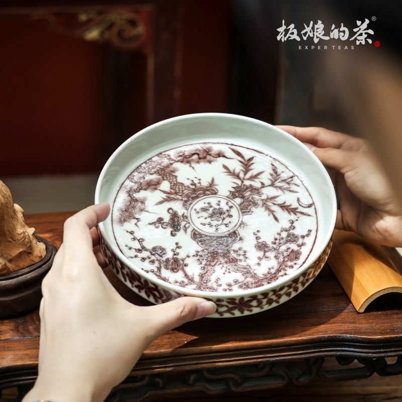 板娘的茶 景德镇手绘高温小酌斋釉里松竹梅壶承干泡台茶具170mm