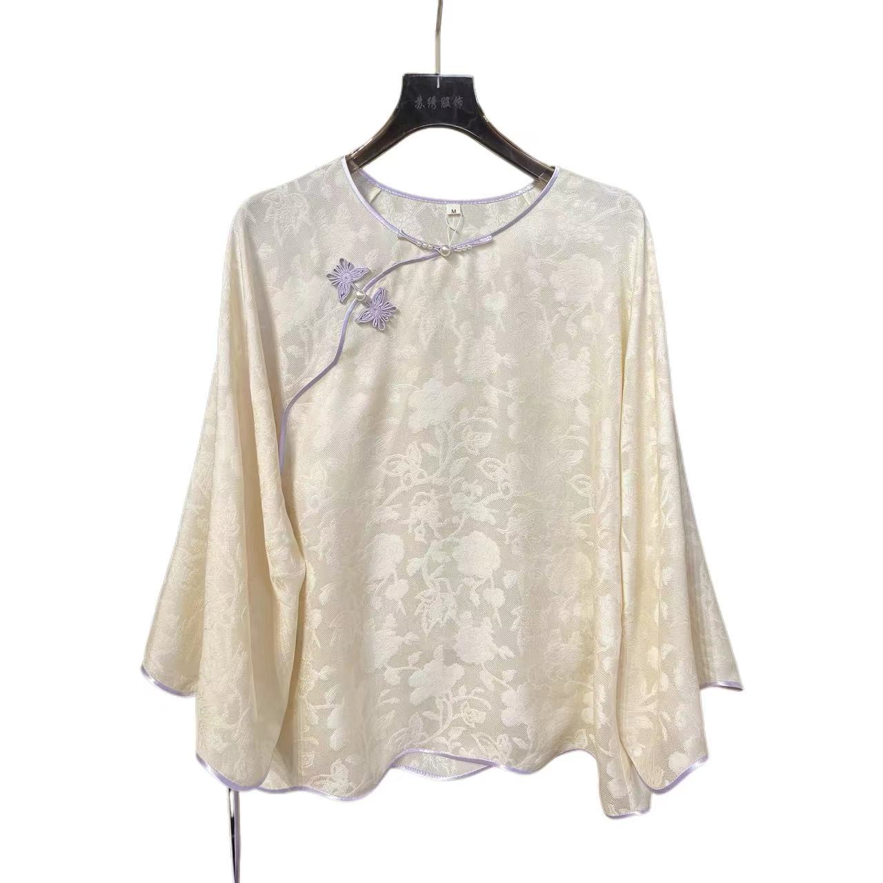 上新福利柯罗可可奶色缠枝芍药梅花国风罗衣长袖宽松圆领