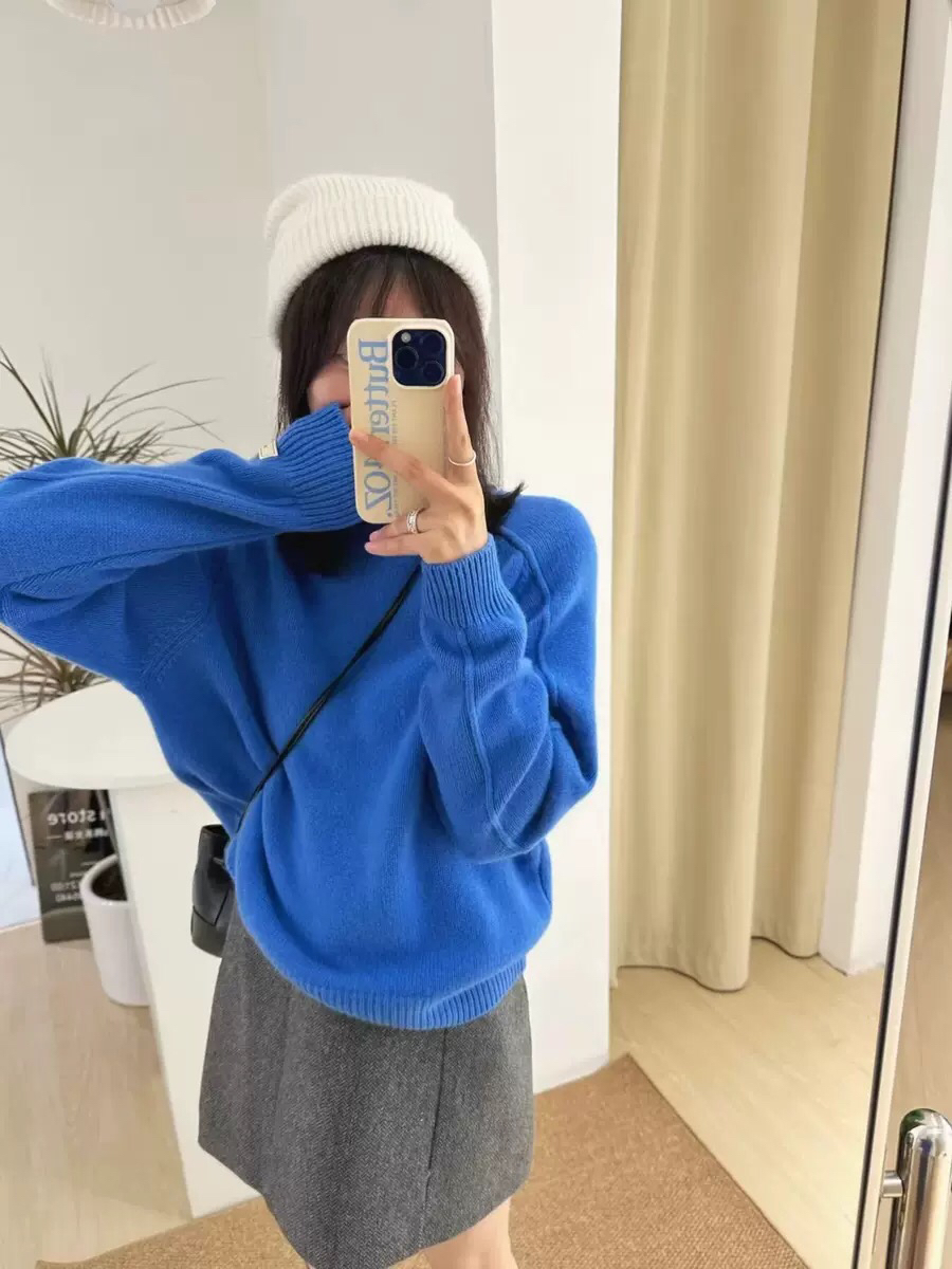 时尚百搭叠穿圆领套头毛衣克莱因蓝针织衫上衣女秋冬