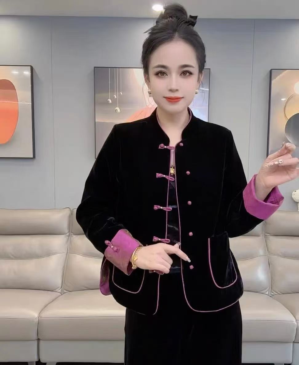 金钻绒上衣常规款中国风长袖拼接两面穿时尚百搭中式立领气质外套