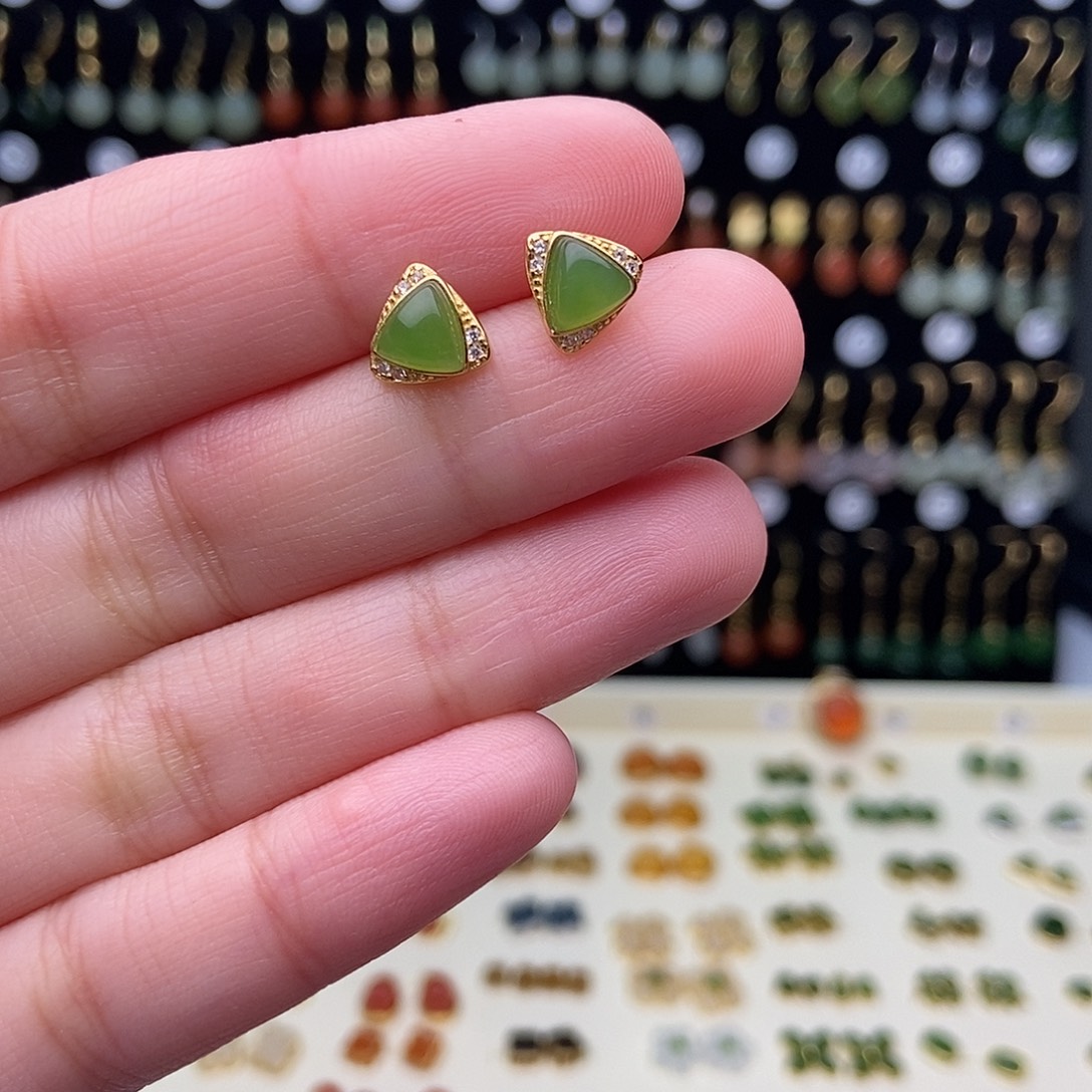 和田玉银S925镀金镶嵌耳饰