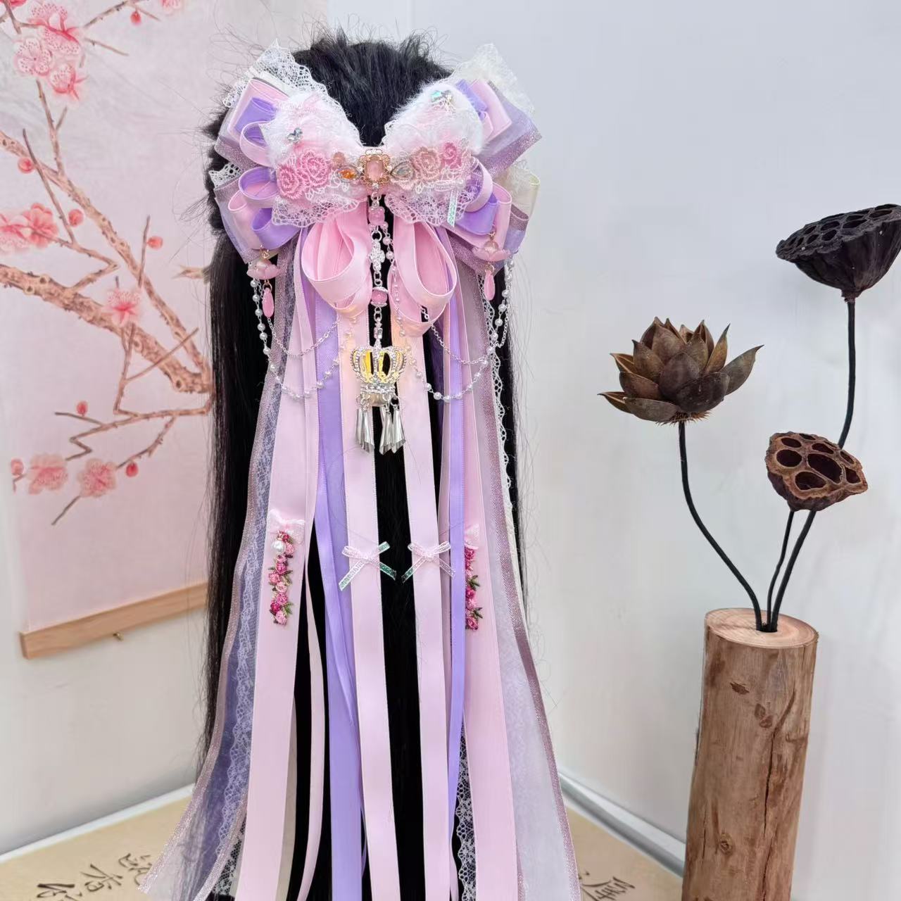 《藤花幽梦》粉紫新国风搭配汉服带灯氛围感头饰发夹