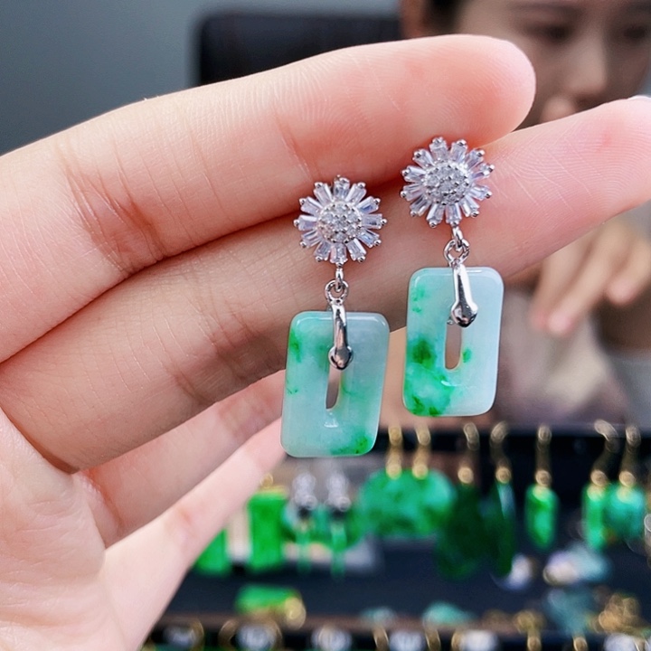 翡翠耳饰银S925镶嵌饰品