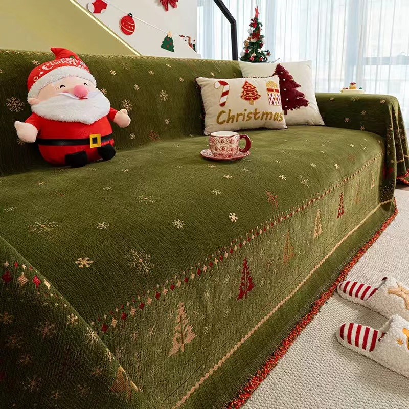 防猫爪加厚全盖沙发巾圣诞风雪尼尔防污沙发套罩盖布