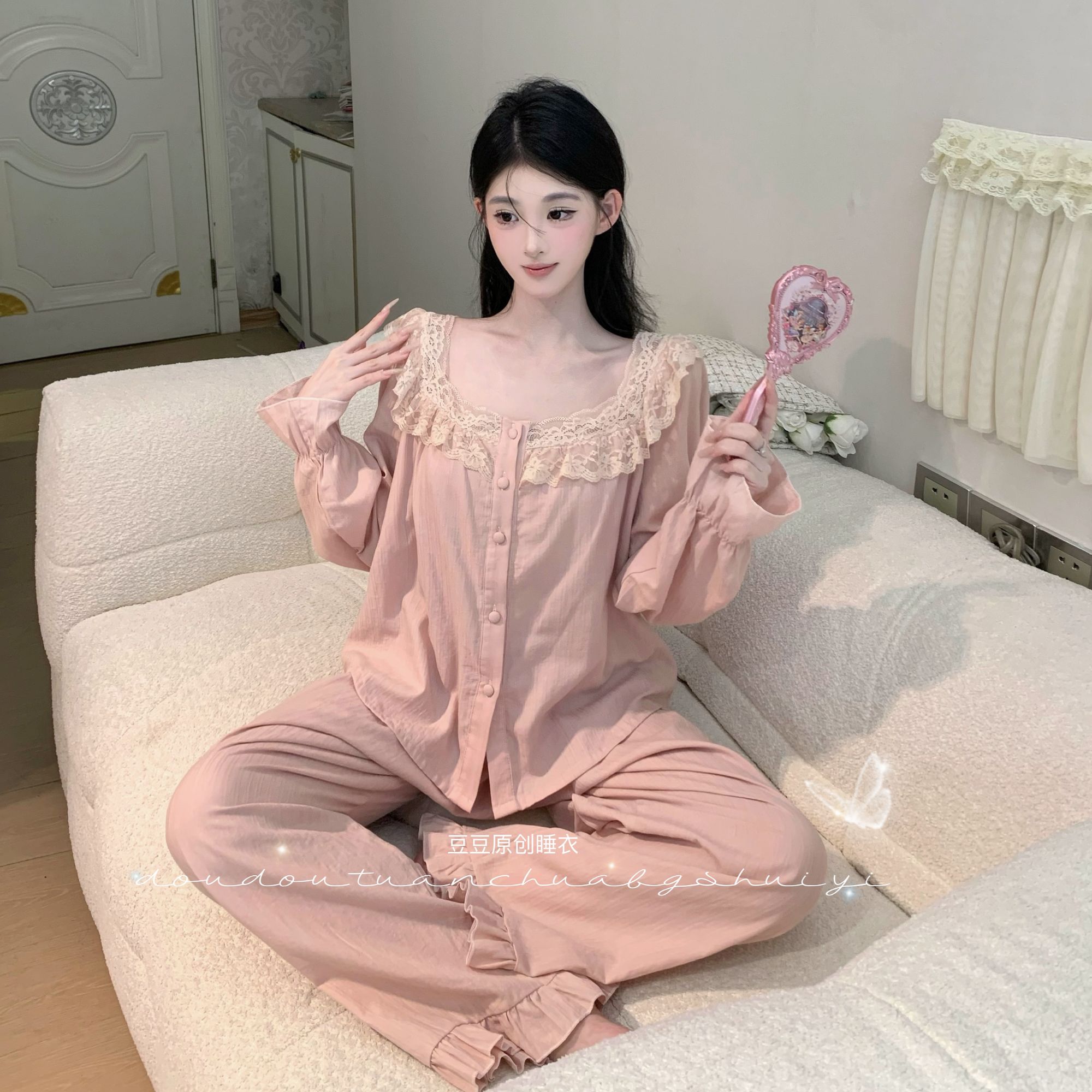 花生【桃花洛】长袖长裤纯欲显瘦春秋季女套装法式睡衣