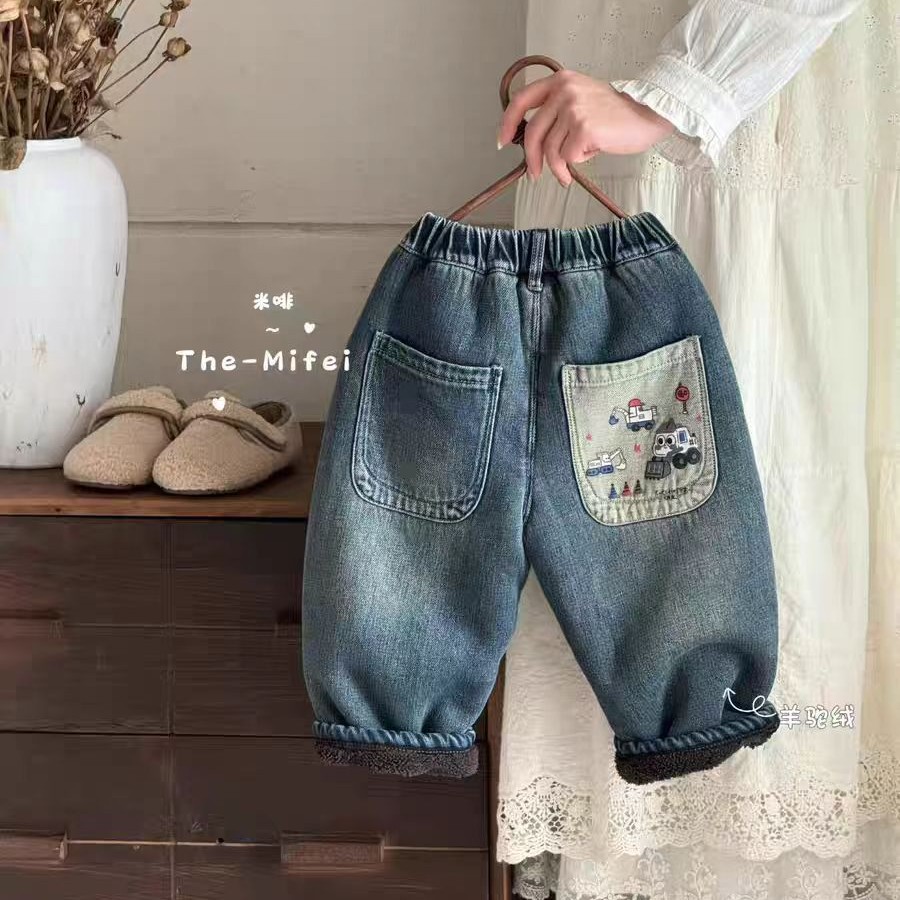 男童牛仔裤2025新款韩版女童羊驼绒宽松冬款加厚中小童保暖直筒裤
