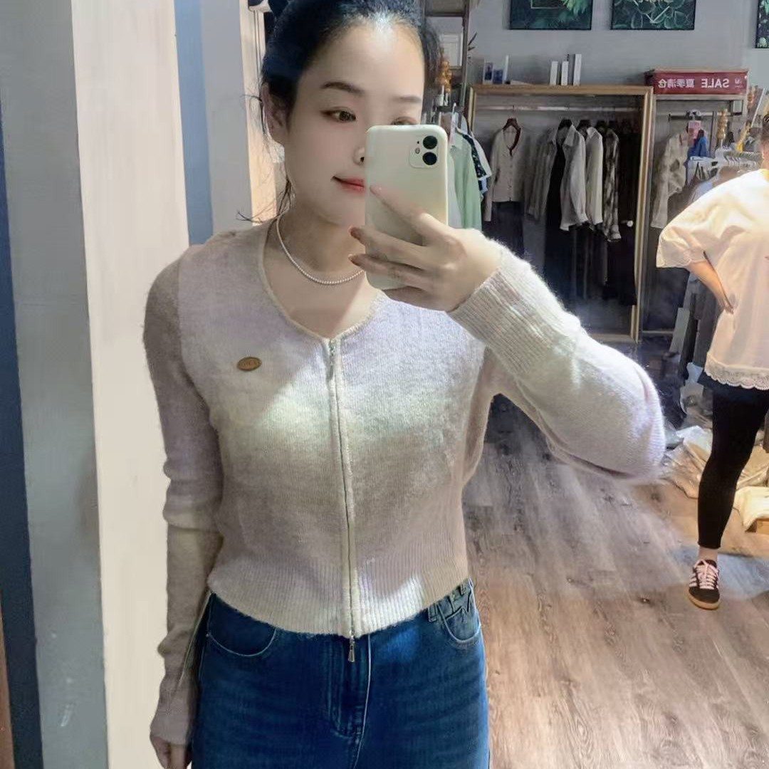 秋季慵懒风圆领彩虹短款毛针织衫夏季长袖锋芒大女主