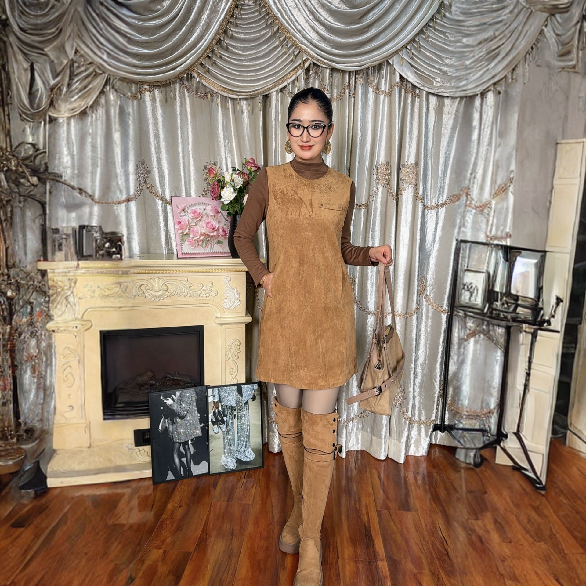 无袖翻领连衣裙秋冬圆领休闲女装复古通勤风套头款