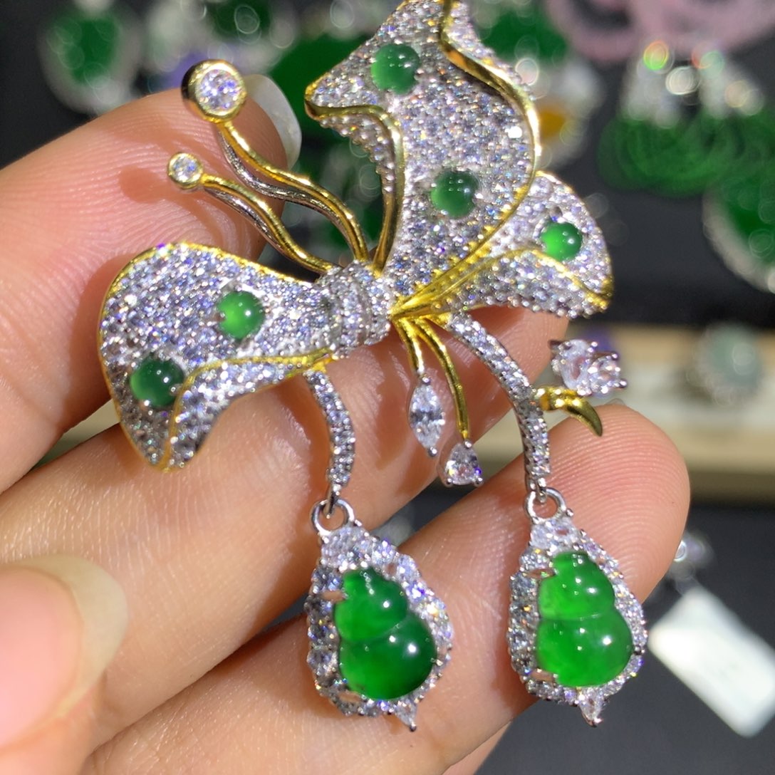 翡翠颈饰银S925镶嵌胸针吊坠两用款