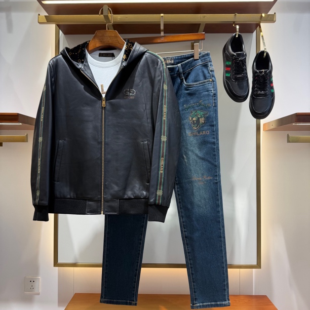 男士时尚带帽拼丝绒休闲绵羊皮皮衣