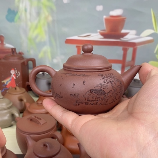 紫砂茶壶风釉羊角山紫泥160cc半手工刻绘款