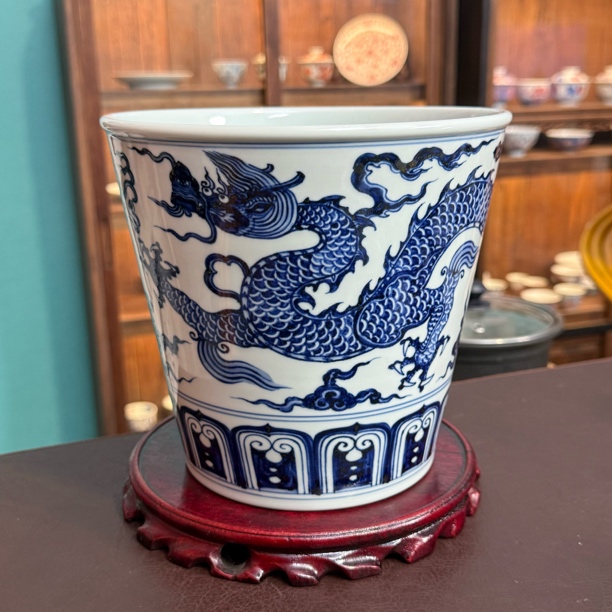 四夕窑全手工手绘青花龙纹松竹梅鱼藻大号冰桶口径20cm高19.3cm