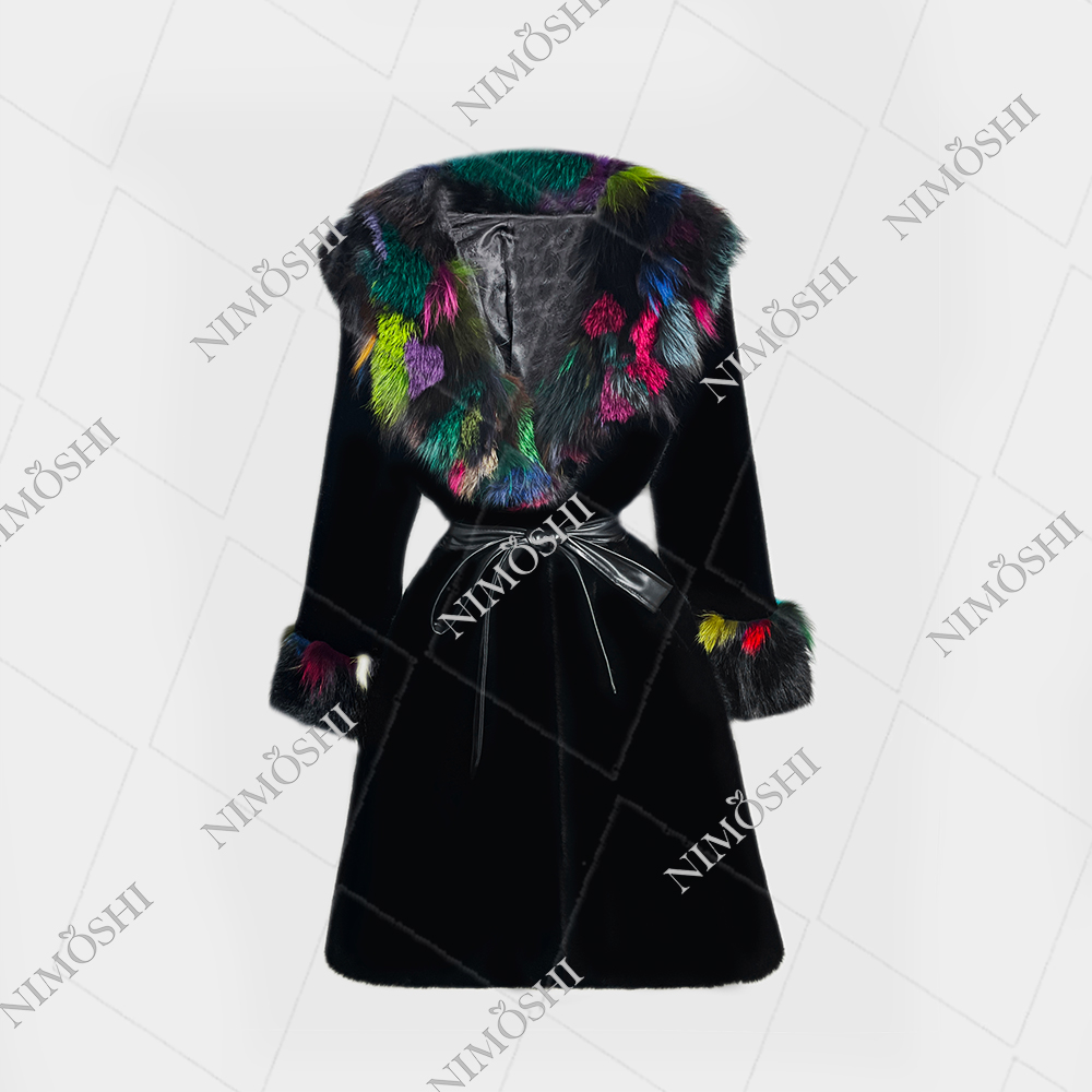 NIMðSHI【达妮】韩系高级彩色狐狸毛外套保暖束腰显瘦大衣L5140