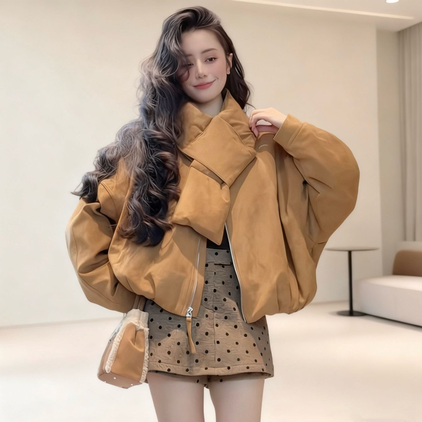 秋冬新款时尚气质宽松百搭加厚短款棉服外套高腰显瘦半身裙A1589