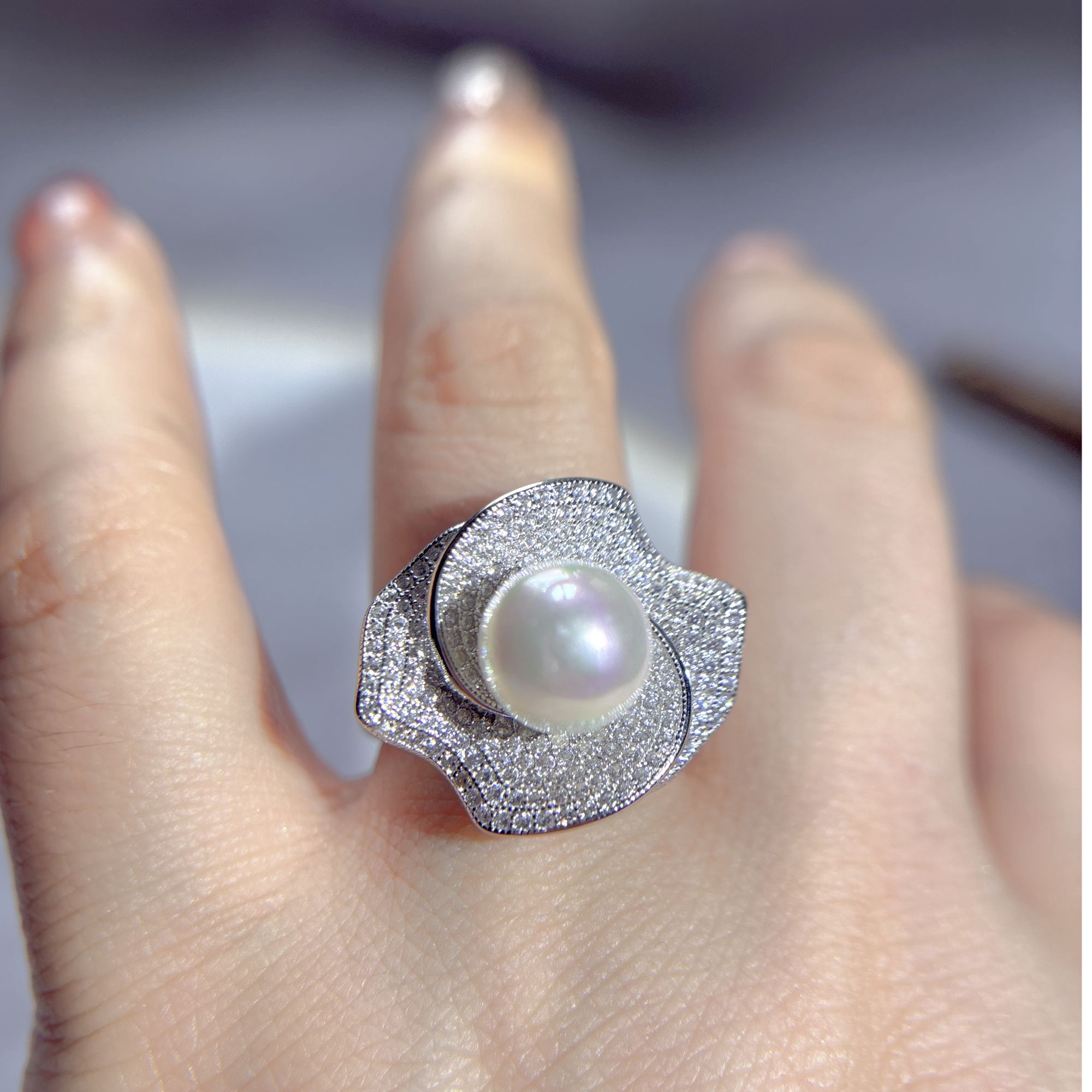 925银合成锆石戒指 925纯银戒指珍珠镶钻时尚大气兰花开口大银饰