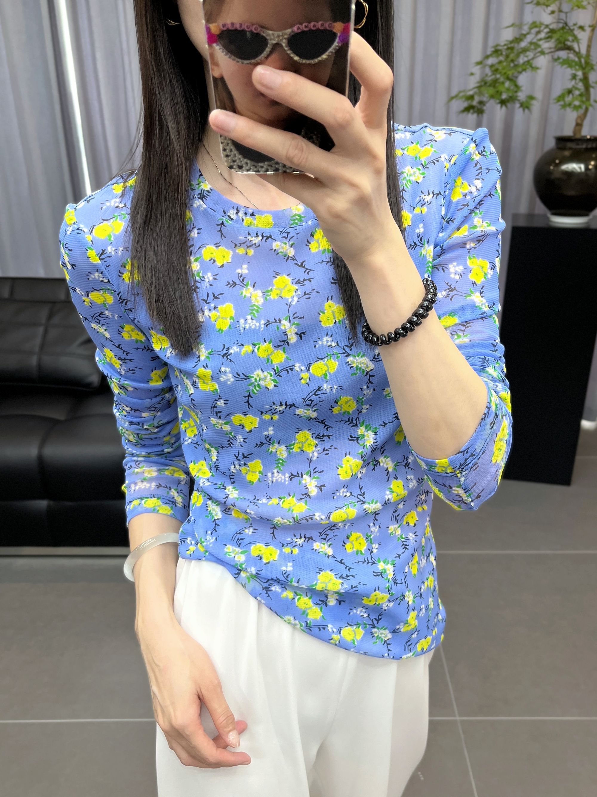 时尚百搭花色网纱长袖T恤修身打底上衣印花长袖圆领休闲碎花