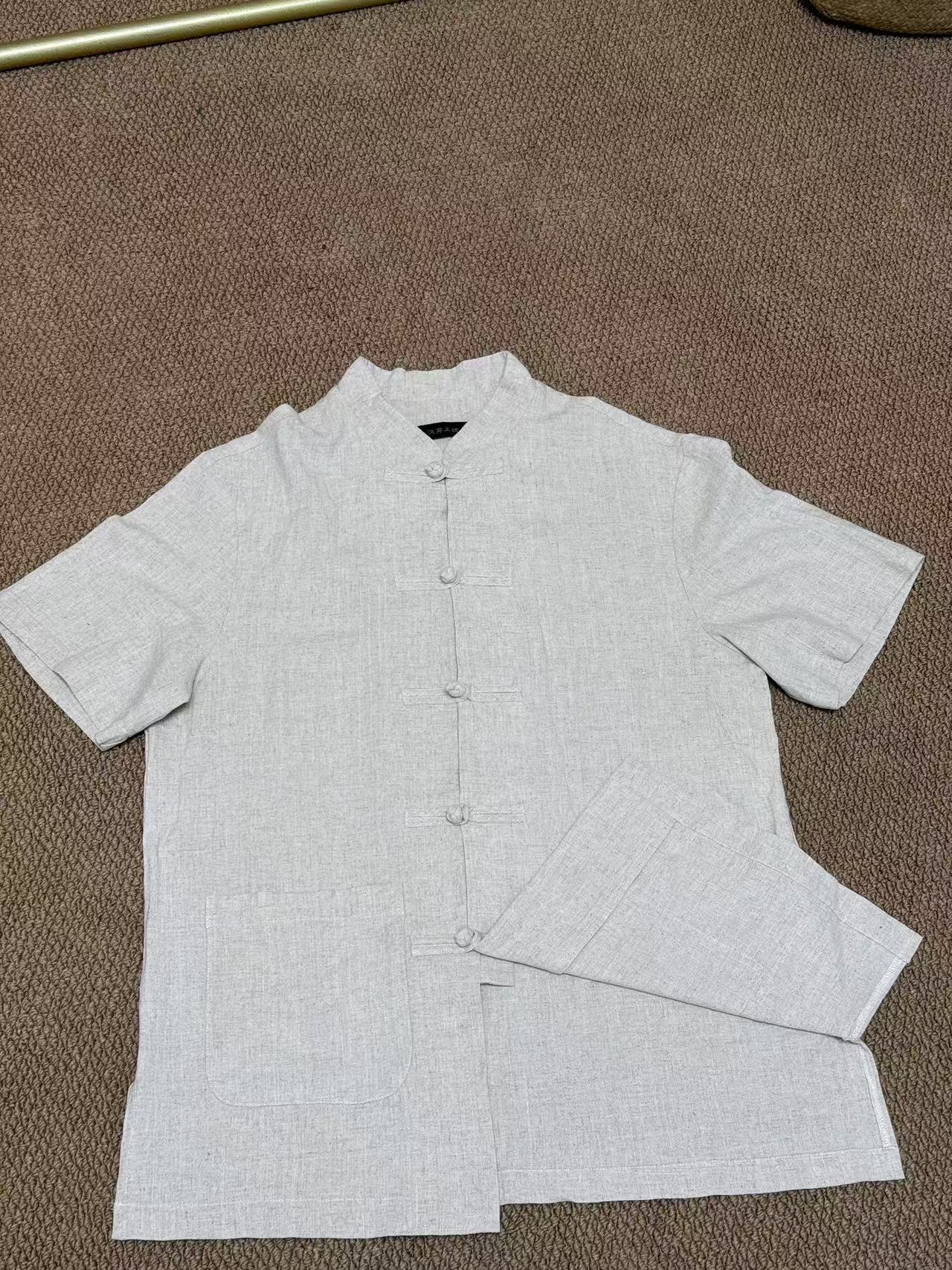 国风亚麻男士中年休闲衬衫立领男短袖夏季青年运动纯色薄款经典