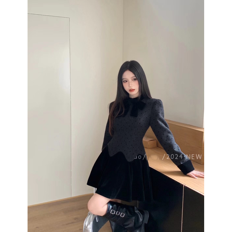 （清清专场）波点植绒厚毛呢拼接丝绒收腰法式高级感名媛连衣裙短裙