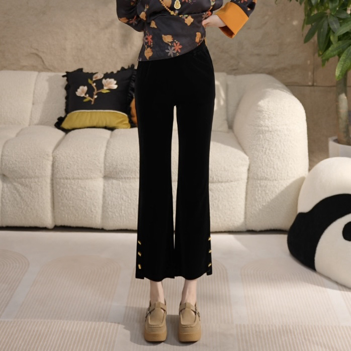 Miss.Z【加厚小金扣】新中式丝绒秋冬直筒微喇九分显瘦高腰裤#k9221