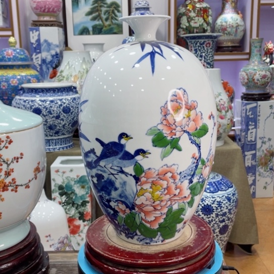 花瓶全手工釉下花鸟小口蛋瓶