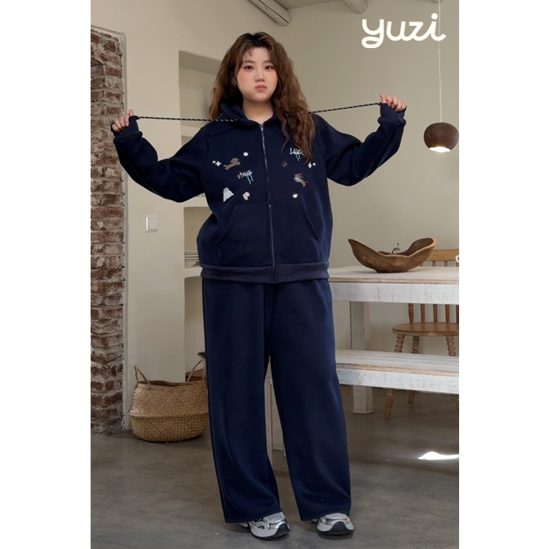 YUZI美式卫衣开衫小狗刺绣加绒加厚连帽套装LQ00054