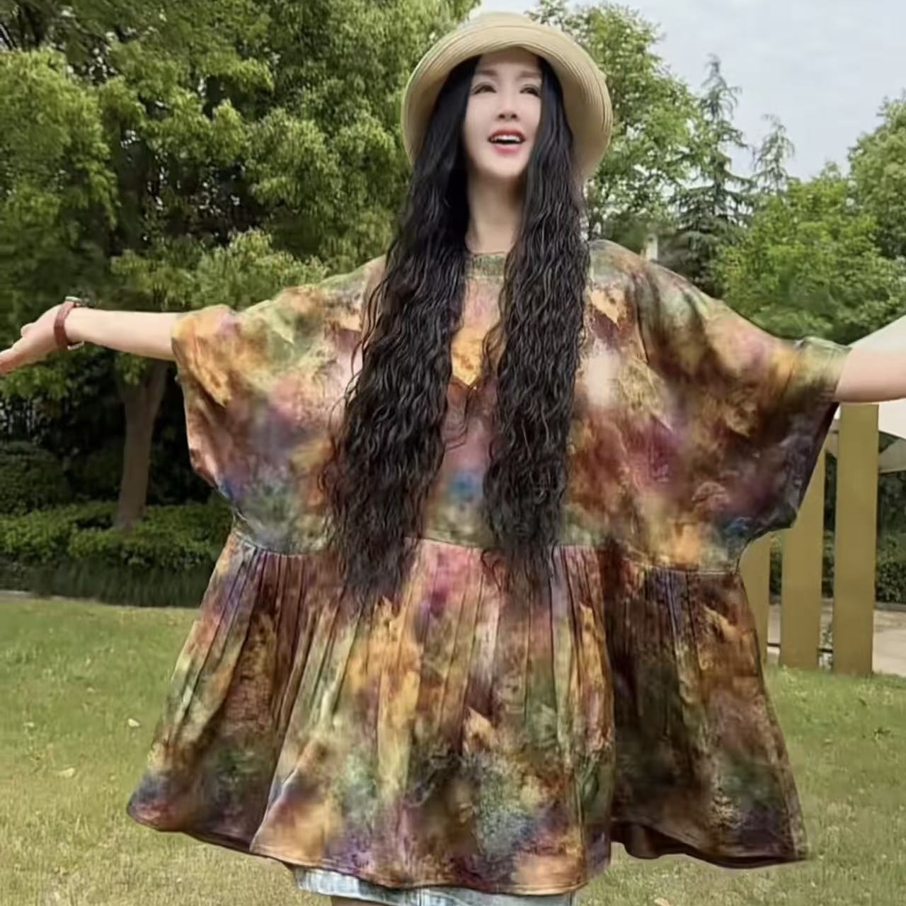 【周周家】私人订制春夏薄款女士百搭时时尚斗篷短袖花色上衣