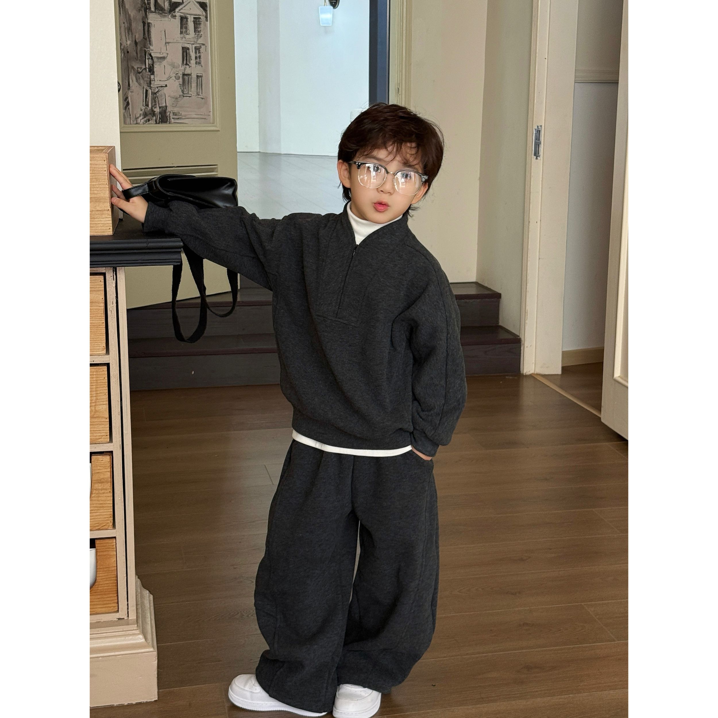 【早八穿搭】男童休闲运动套装2025秋冬新品糯米绒上学加绒套装