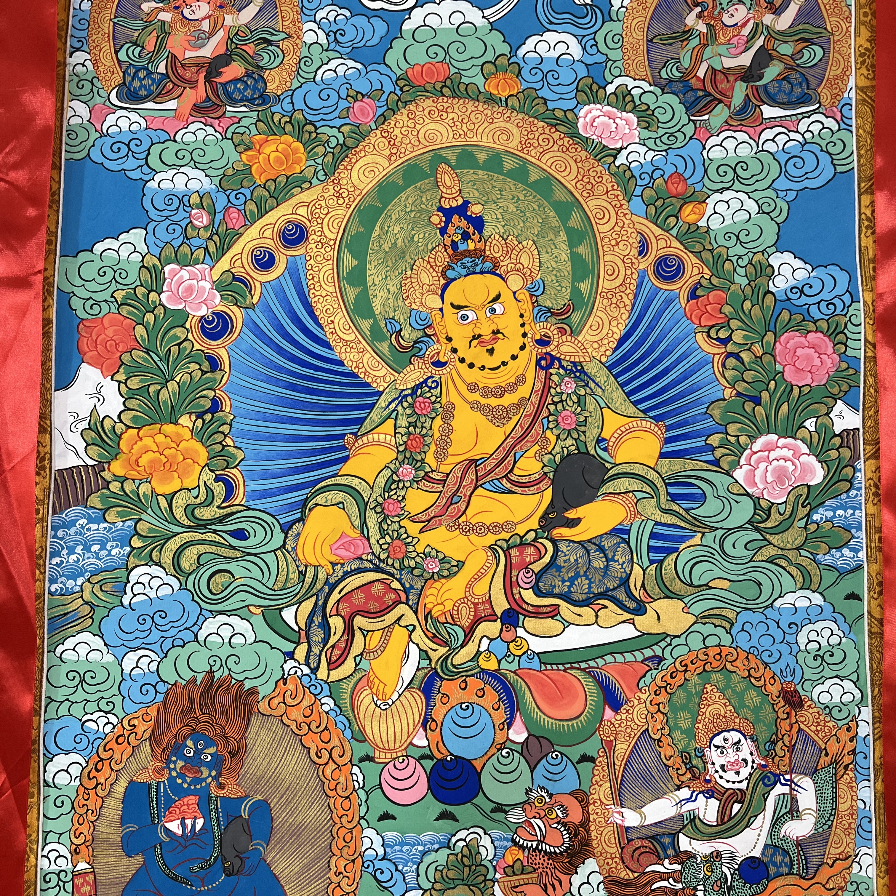西藏包邮送挂钩黄财神唐卡画像客厅玄关书房佛堂挂毯（105）