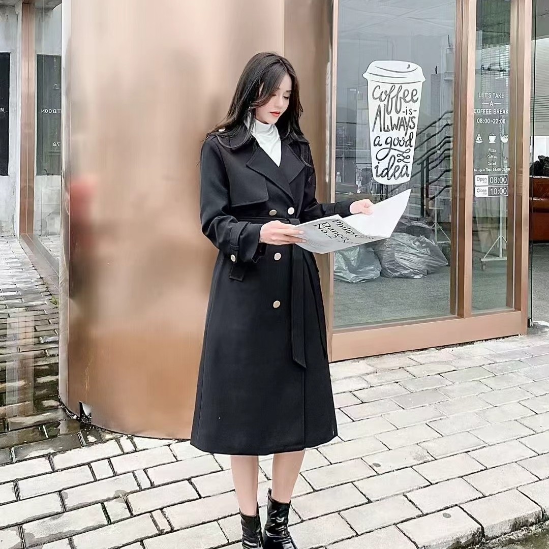 【海岛简爱】秋季女款长款高级垂感双排扣过膝英伦风风衣外套 8921