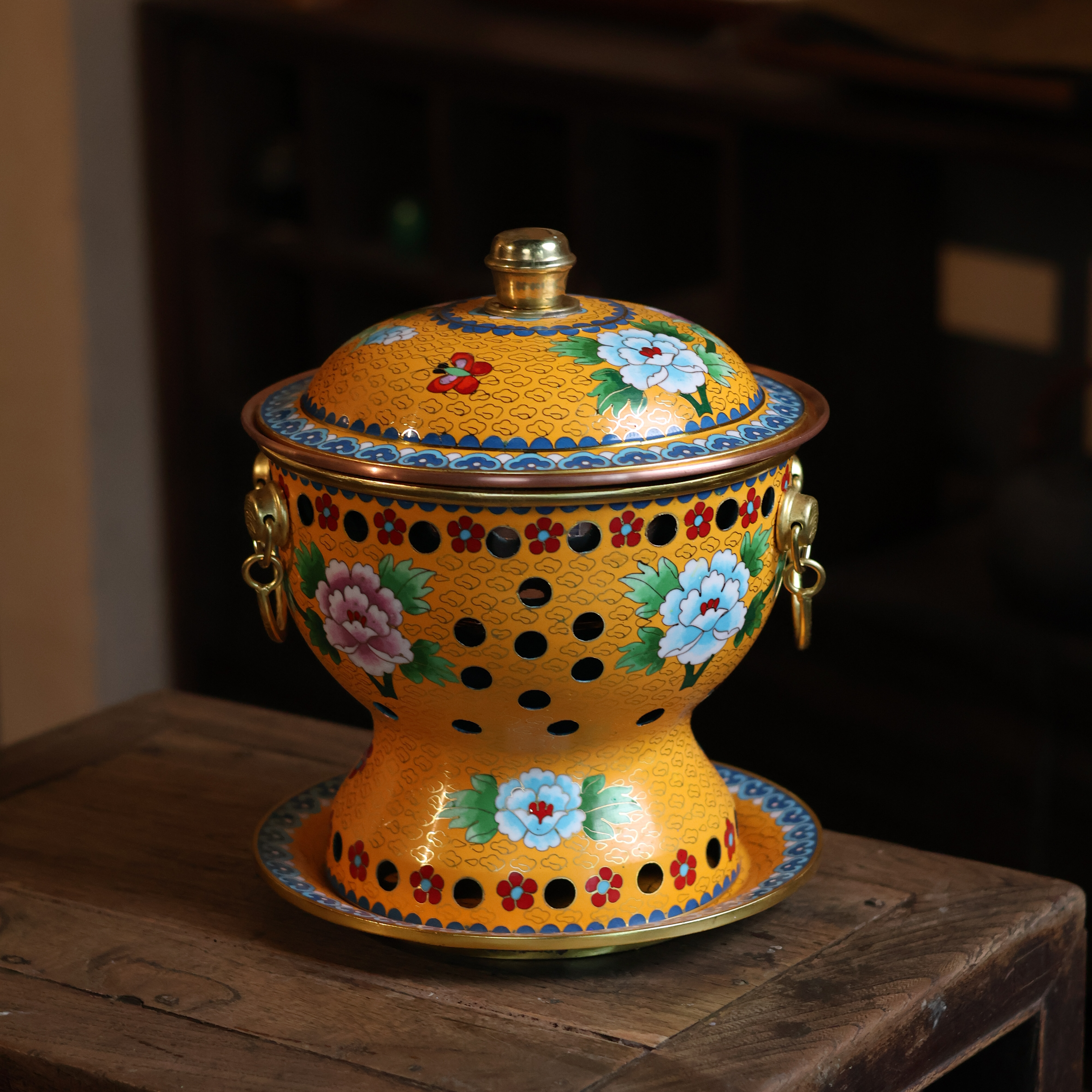 【铜景文创】牡丹系列-黄底牡丹-单人-景泰蓝铜火锅