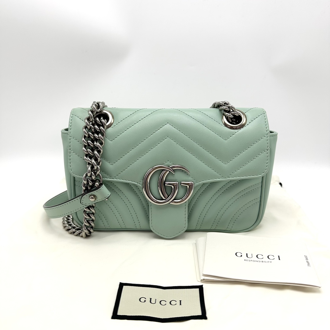95新 GUCCI/古驰 气泡绿银扣马蒙22单肩斜挎链条包 08128