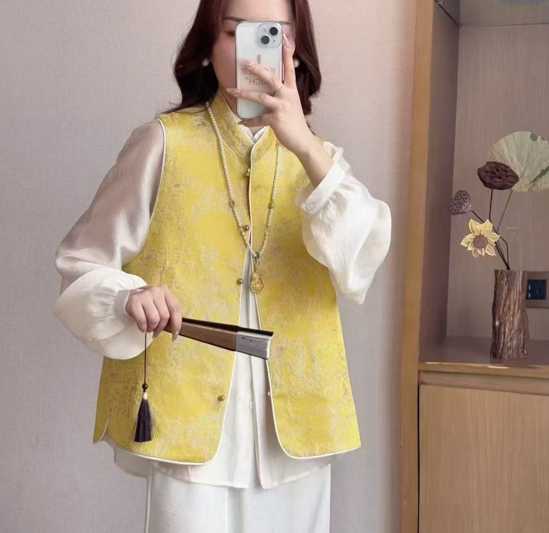 立领马夹网红马甲植物花卉女唐装上衣提花新中式双面春季