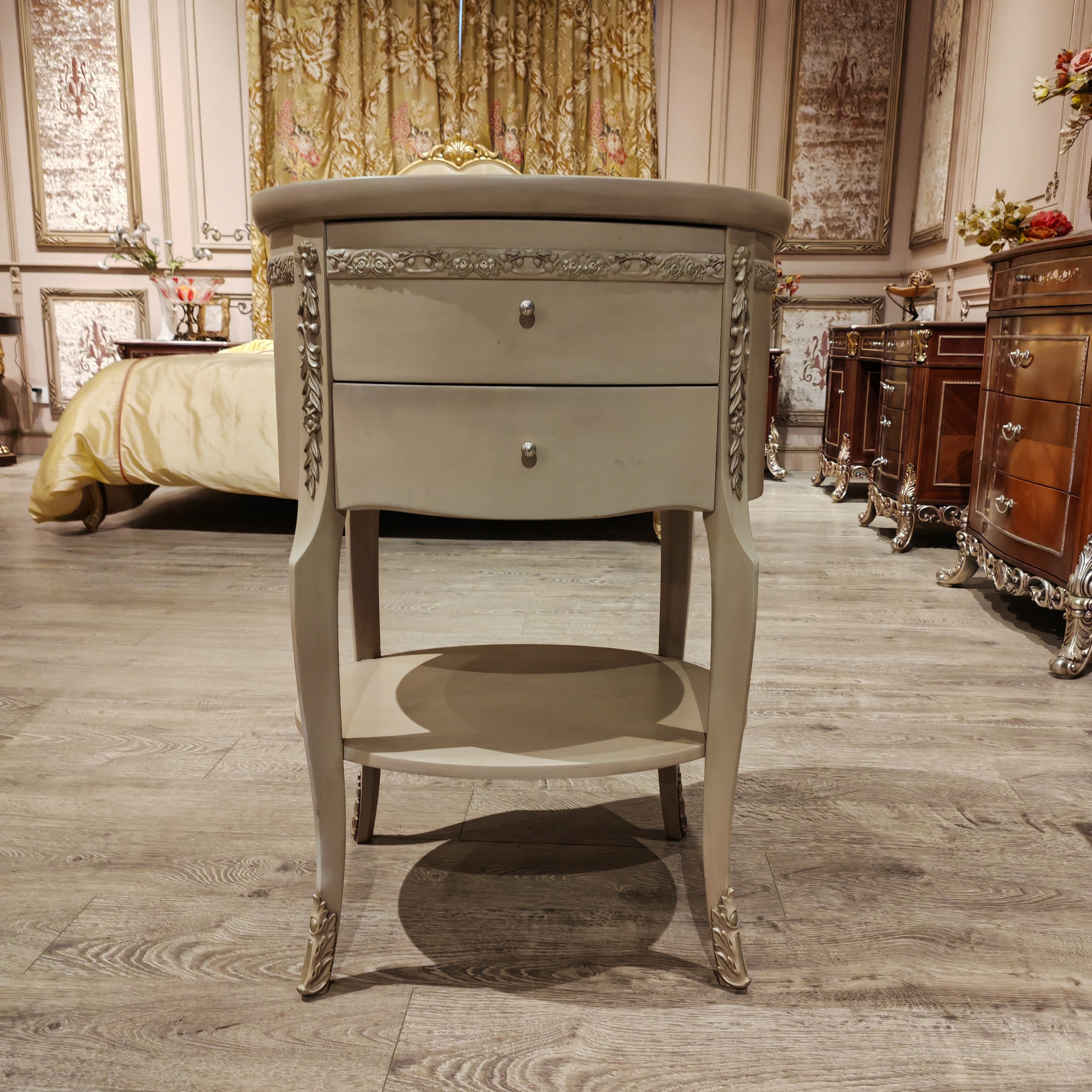 图余欧式古典浅灰带抽屉实木雕花小角几 家用沙发边几装饰小桌几