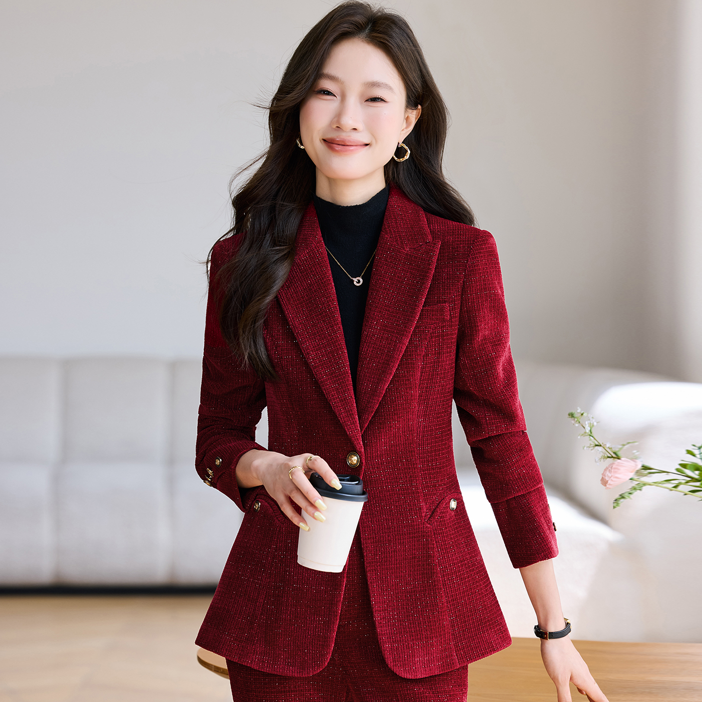 长款轻职风休闲女神INS风纯色显瘦西装长袖V领常规西服YSY8981