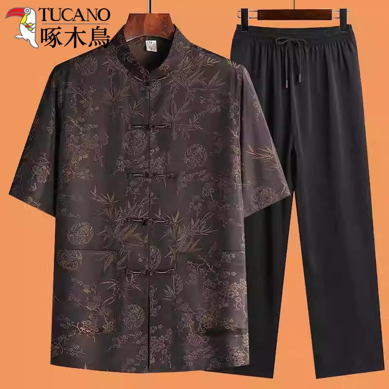 啄木鸟男士唐装中国风男装夏季套装冰丝薄款中国风立领男款短袖