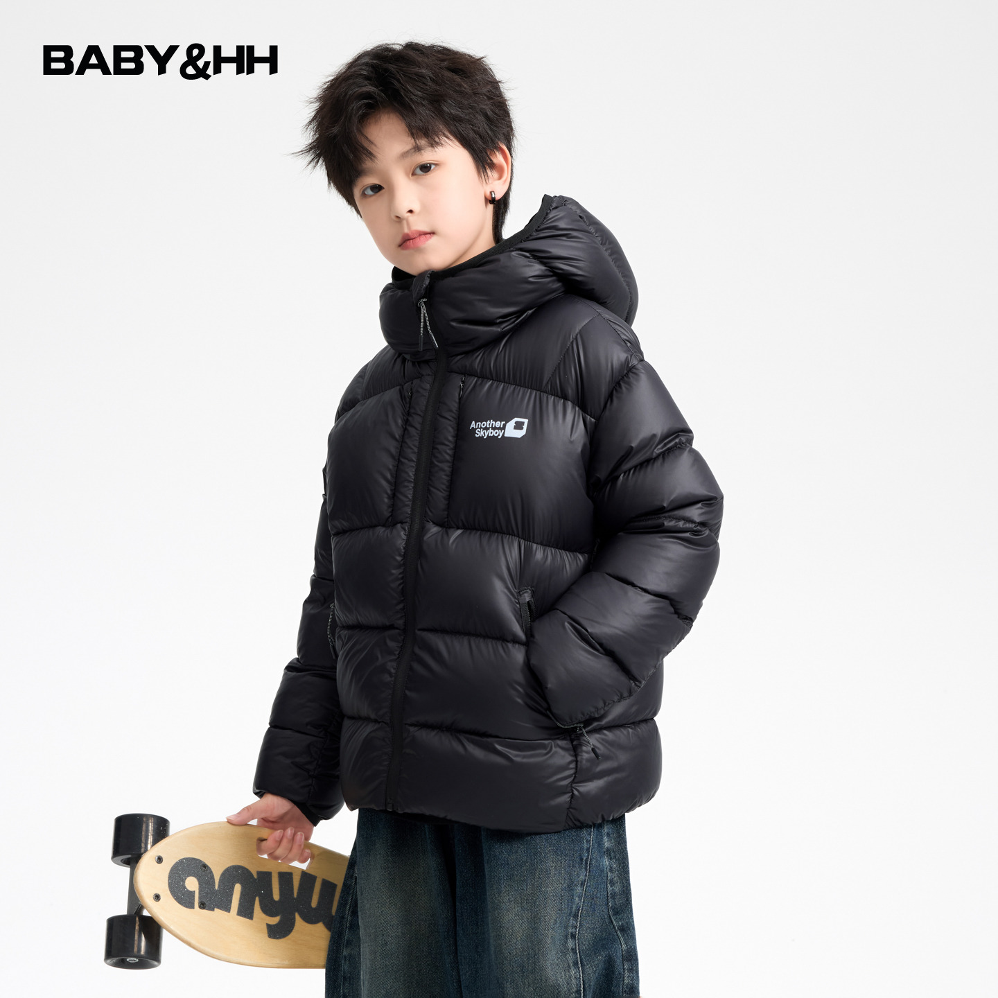 【90安心绒】男童冬季黑色防水连帽羽绒服2025款儿童装免洗防寒外套