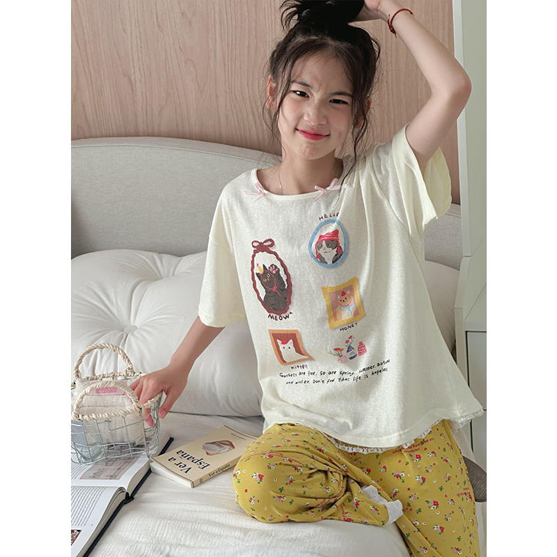 K28858韩系女童家居服套装2025新款夏装休闲儿童睡衣短袖两件套潮