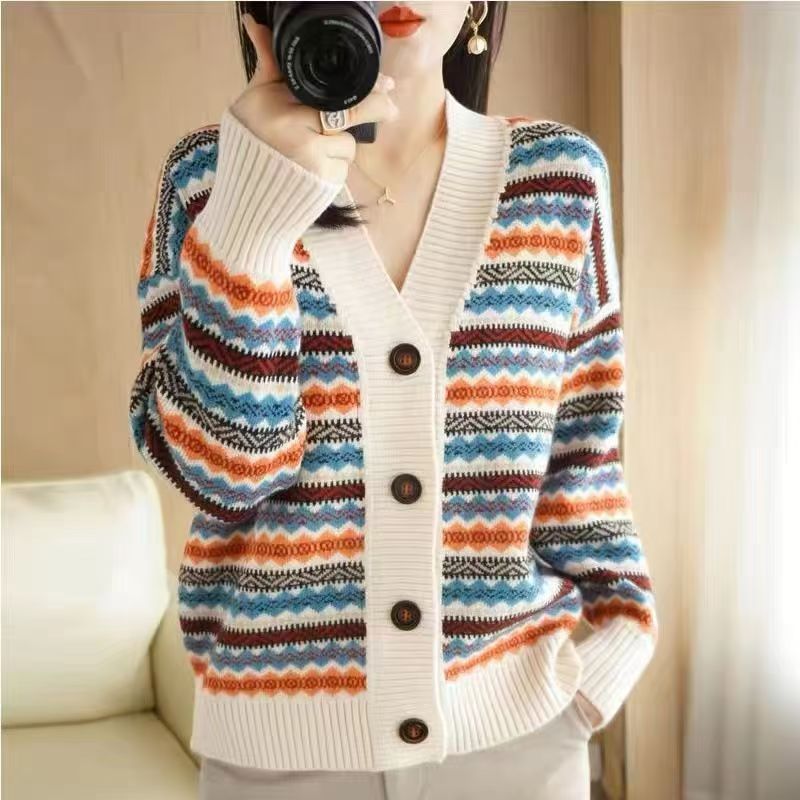 【大纽扣开衫-米】】开衫韩版毛衣时尚宽松条纹秋冬拼色女装318上衣