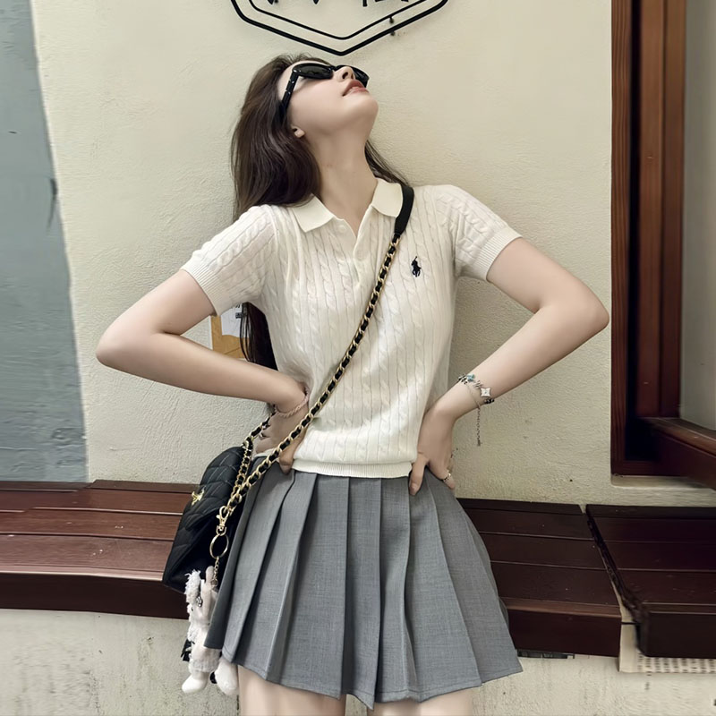 polo领小马刺绣麻花针织短袖T恤女夏季新款显瘦减龄百搭短款上衣