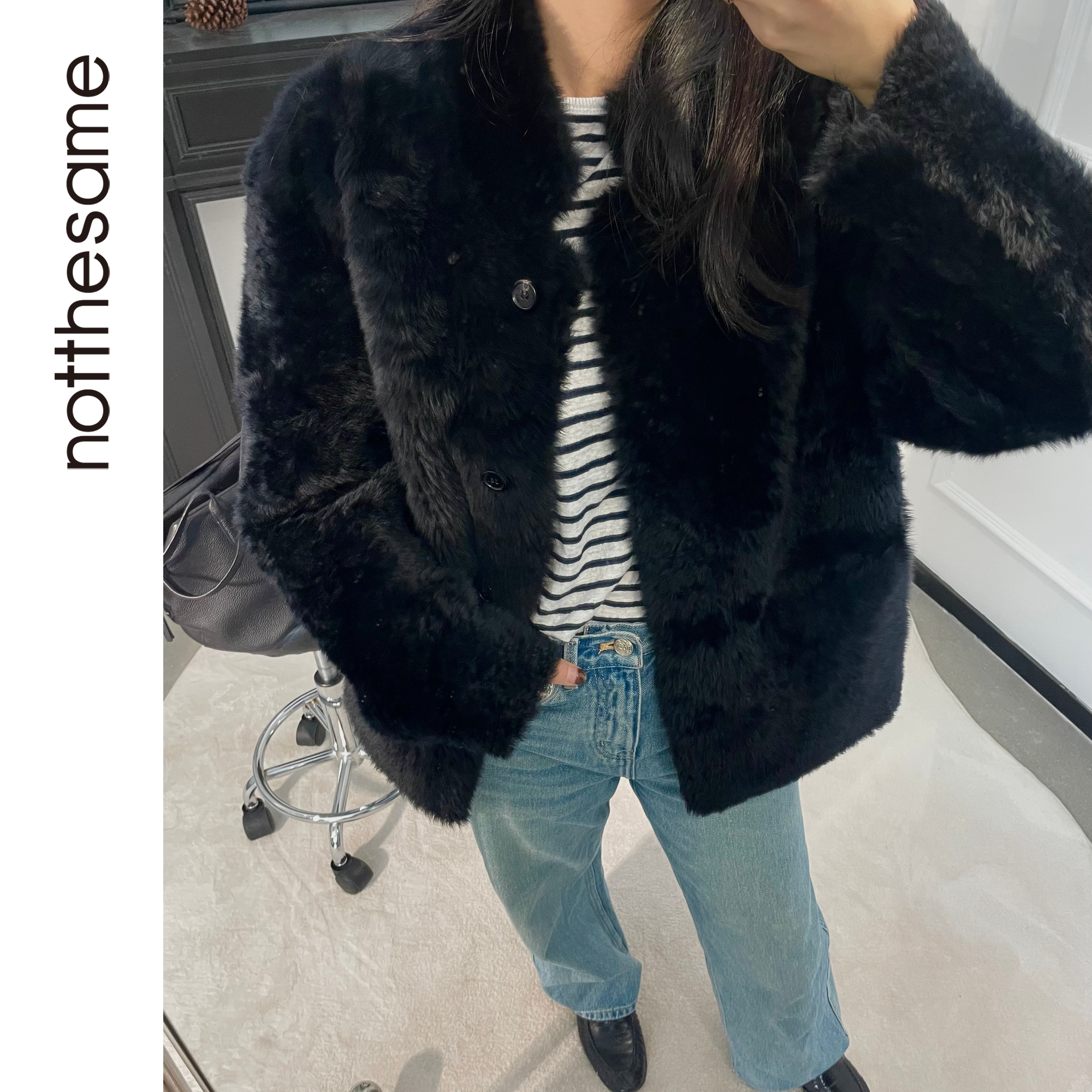 【夜航星】靓蓝色西班牙进口拉贡泰迪皮毛一体小立领外套LACON高奢