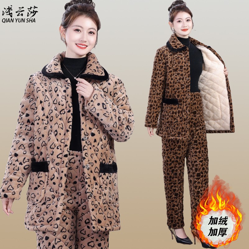 洋气妈妈加绒加厚棉裤两件套装三层加棉防寒保暖居家棉服豹纹睡衣