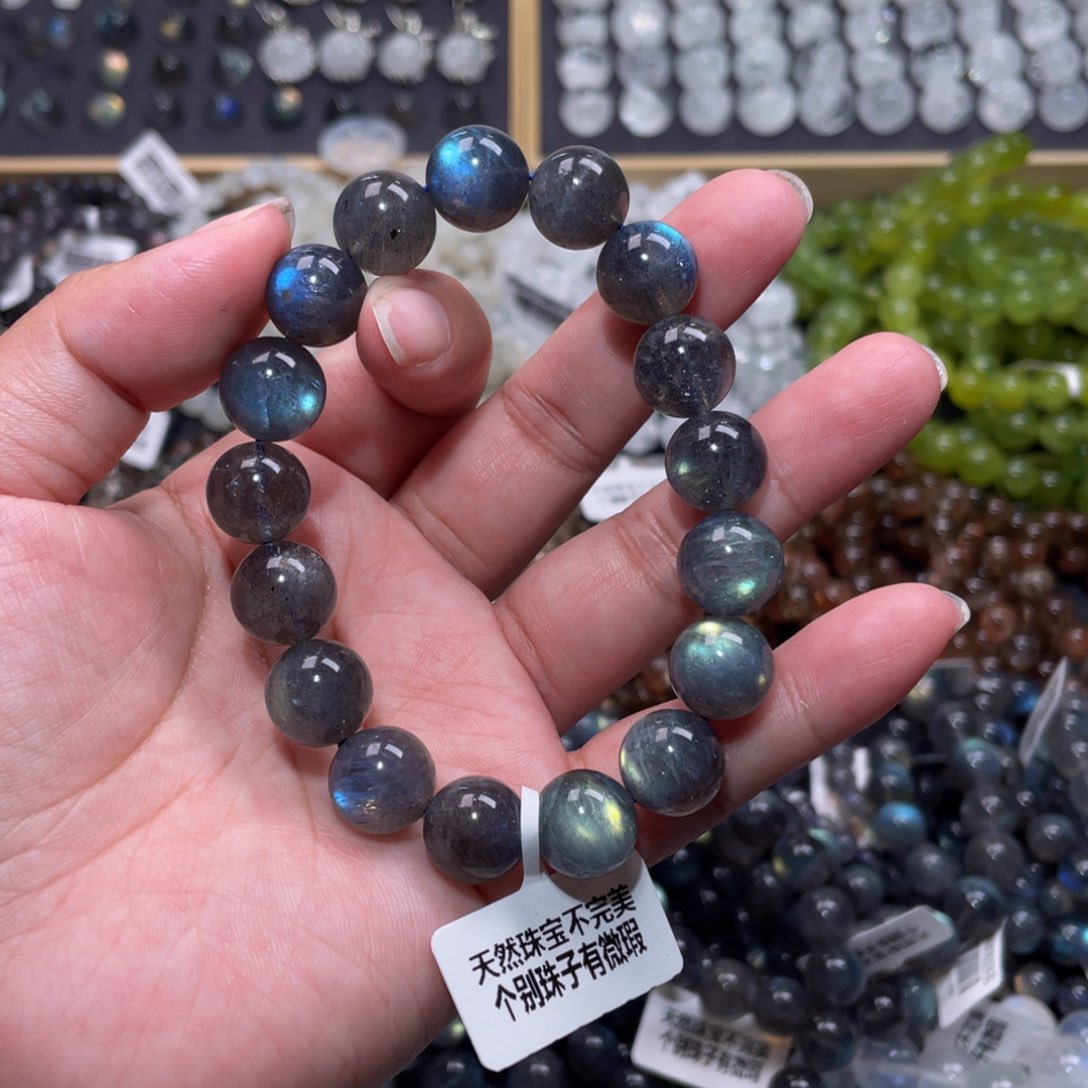 拉长石手链未镶嵌一****.马岛黑体灰月光手链12mm