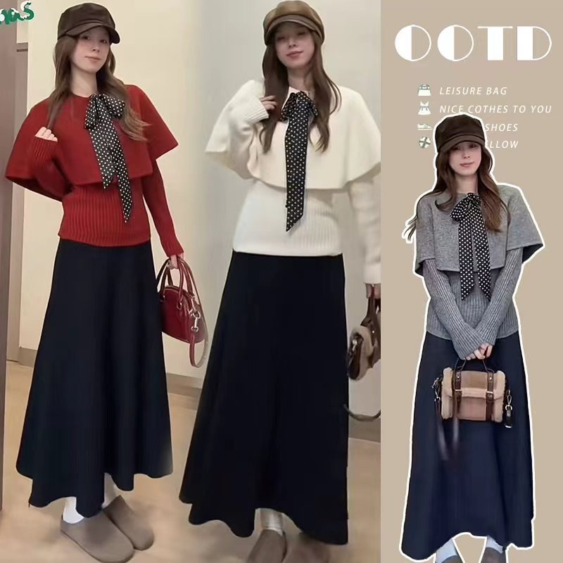 孕妇装新年套装秋冬季红色披肩毛衣斗篷针织上衣两件套丝巾半身裙