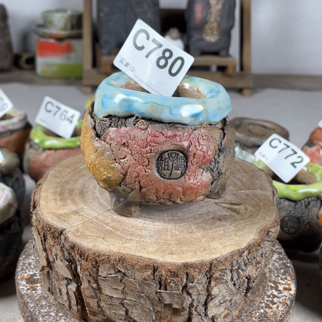 紫砂花盆孤品 不规则油画山石小地雷 内口4.5