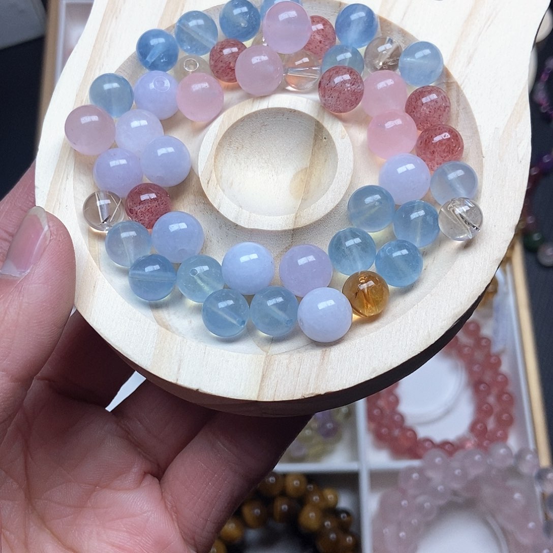 水晶手链未镶嵌天然海蓝宝手串海蓝宝手链