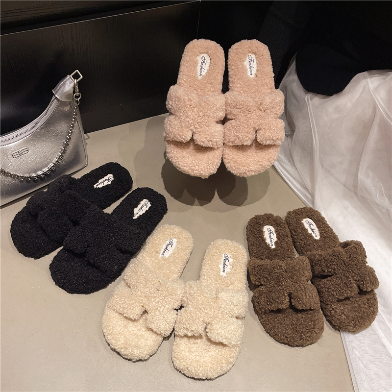 网红泰迪毛茸茸H款平底毛毛拖鞋女外穿舒适拖鞋一字拖居家毛拖