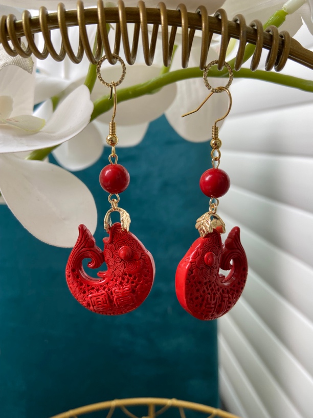 含辰砂工艺品合金耳饰朱砂红色鲤鱼耳饰