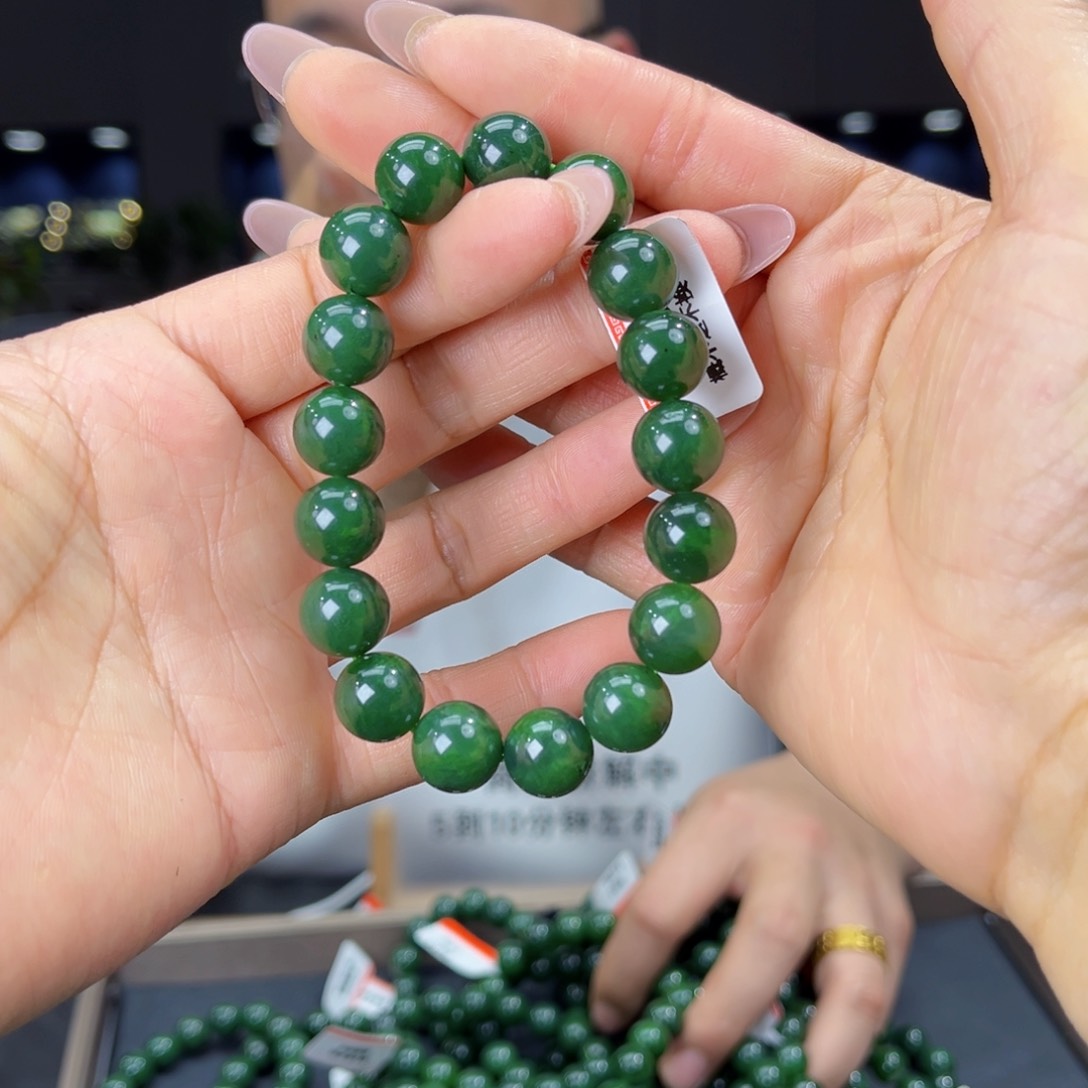 未镶嵌手串和田玉天然和田玉俄碧五号坑菠菜绿料12